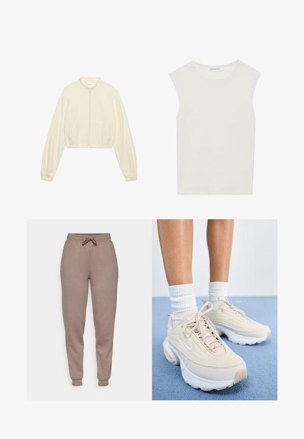 Krustota krēmkrāsas iezīmēta jaka ar rāvējslēdzēju, izgatavota no mīksta auduma. Tam ir garas piedurknes, divas priekšējās kabatas un elastīgi aproces, kas nodrošina piegulošu izskatu.; Balts bez piedurknēm tops ar apaļu kakla izgriezumu. Izgatavots no gludas auduma, tam ir brīvs piegriezums un minimālistisks dizains. Nav nekādas rakstainības vai akcentu.; ONLY Play ONPLOUNGE LIFE REG NOOS - Treniņtērpa apakšdaļas - walnut; Bežīgas sporta kurpes ar teksturētu virsu, baltām šņorēm un biezu baltu zoli. Dizainā ir smalkas līknes un neliels logo.