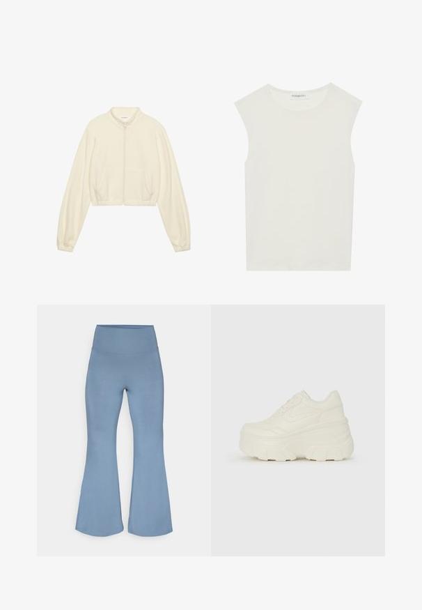 Krátka zipsová bunda v krémovej farbe, vyrobená z mäkkej látky. Má dlhé rukávy, dve predné vrecká a elastické manžety pre priliehavý vzhľad.; Biely bezrukávový top s okrúhlym výstrihom. Vyrobený z hladkého materiálu, má uvoľnený strih a minimalistický dizajn. Žiadne vzory alebo akcenty.; Uvoľnené jogové nohavice svetlomodrej farby, vyrobené z elastického materiálu. Vysoký pás a hladká textúra, s širšími okrajmi pri členkoch.; Biele platformové tenisky s hladkým koženkovým svrchným materiálom, zaobleným tvarom, polstrovaným golierom a textúrovanou gumovou podrážkou s výrazným vzorom.