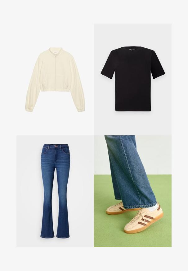 Cropped zip-up jacket in cream, made of soft fabric. Features long sleeves, two front pockets, and elastic cuffs for a fitted look.; Black short-sleeve t-shirt with a round neckline, crafted from soft cotton fabric. Simple design, no visible logos or patterns.; High-waisted flared jeans in dark blue denim, featuring five-pocket design, metal button closure, and subtle fading along the legs.; Beige sneakers with textured cream panels and brown stripes, paired with blue denim jeans. The jeans have a wide leg and frayed hem.