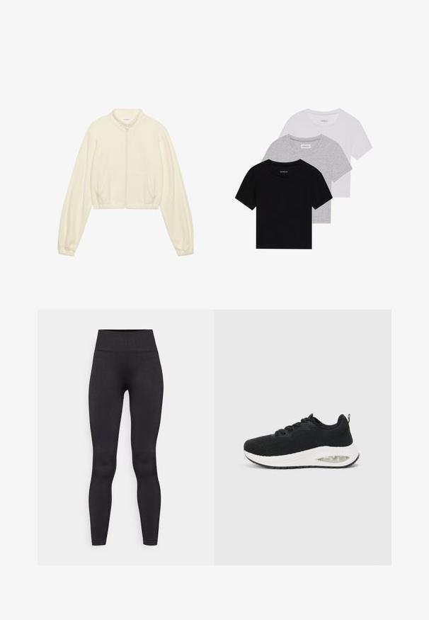 Chaqueta corta con cremallera en color crema, hecha de una tela suave. Presenta mangas largas, dos bolsillos frontales y puños elásticos para un ajuste ceñido.; Conjunto de tres camisetas de manga corta en negro, gris y blanco. Están hechas de algodón, cuentan con cuello redondo y un diseño simple de un solo color.; Leggings negros hechos de una tela suave y elástica. Cintura alta con textura acanalada. Silueta ajustada, sin costuras ni patrones visibles.; Zapatilla deportiva negra con parte superior de tejido texturizado, suela media blanca y detalle de amortiguación de aire visible. Presenta cordones negros y una lengüeta.