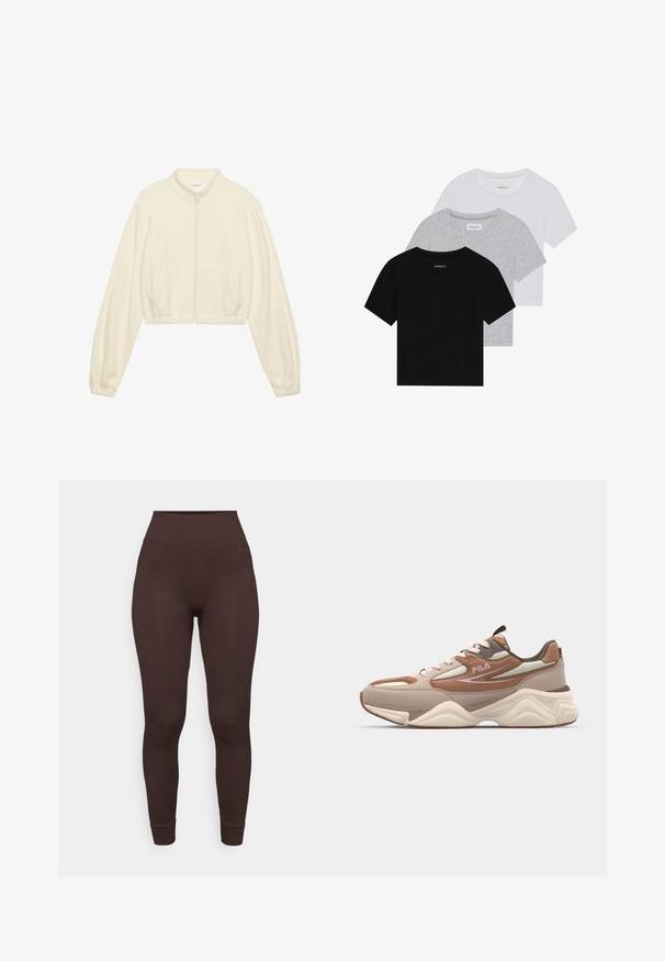 Cropped jacket in cream fleece material with a high collar. Features front zip closure and two side pockets. Long, gathered sleeves.; Set of three short-sleeve t-shirts in black, gray, and white. Made from cotton, featuring a crew neck and a simple, solid color design.; Brown ribbed leggings with a high waist and fitted design. The fabric appears soft with a smooth texture at the hem and ankle cuffs.; Fila RECADE - Trainers - oxford tan/pale mauve