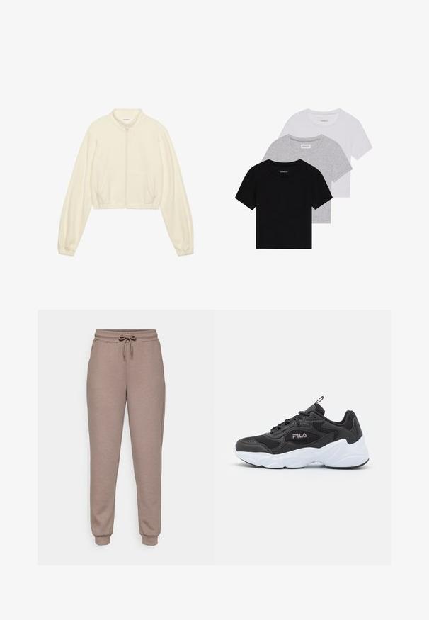 Chaqueta corta con cremallera en color crema, hecha de una tela suave. Presenta mangas largas, dos bolsillos frontales y puños elásticos para un ajuste ceñido.; Conjunto de tres camisetas de manga corta en negro, gris y blanco. Están hechas de algodón, cuentan con cuello redondo y un diseño simple de un solo color.; ONLY Play ONPLOUNGE LIFE - Pantalones deportivos - brown; Zapatilla deportiva negra con material de malla y sintético, que presenta una suela de goma blanca, un diseño redondeado y un logo prominente en el lateral.