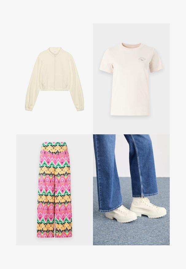 Giacca zip-up tagliata in crema, realizzata in tessuto morbido. Presenta maniche lunghe, due tasche frontali e polsini elasticizzati per un look aderente.; T-shirt a maniche corte in cotone beige chiaro con scollatura rotonda, dotato di un logo "Converse" rosa e una grafica verde sul petto.; Pantaloni a gamba larga multicolori con motivo geometrico in rosa, verde, arancione e nero. Realizzati in tessuto leggero con una finitura liscia.; Sneaker alta bianche con suole spesse e rigate e dettaglio del logo circolare, indossate con jeans di denim azzurro chiaro a gamba larga.