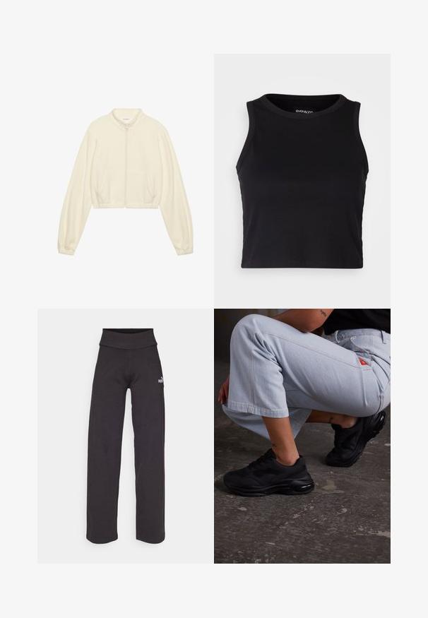 Trumpas kreminės spalvos fliuso medžiagos švarkelis su aukštu apykakliu. Priekyje užtrauktukas ir du šoninės kišenės. Ilgos, surinktos rankovės.; Juodas kanalų rašto trumpas topas su apvaliu iškirpimu ir be rankovių dizainu. Pagaminta iš minkštos, elastingos medžiagos, kurios kraštai tvarkingai apdirbti.; Juodos plataus kirpimo kelnės, pagamintos iš minkštos medžiagos, su aukštu juosmeniu. Šone yra subtilus logotipas, tinkantis kasdieniam nešiojimui arba sportui.; Juodi sportiniai batai su tekstūruota viršutine dalimi, storu padu ir oro amortizacija. Sukontrastuoti su šviesiai mėlynomis trumpomis kelniomis neformaliai pozicijoje.