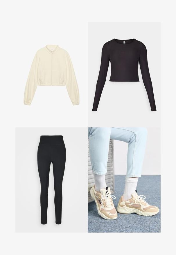 Giacca zip-up tagliata in crema, realizzata in tessuto morbido. Presenta maniche lunghe, due tasche frontali e polsini elasticizzati per un look aderente.; Top cropped a maniche lunghe nero realizzato in tessuto a coste. Presenta un collo rotondo e una silhouette aderente con superficie strutturata.; Leggings neri realizzati in tessuto elastico, con vita alta, pannelli a costine sui lati e un design aderente che si restringe alle caviglie.; Sneaker atletiche beige e crema con pannelli in rete, suola spessa e accenti neri a contrasto. Indossate con calzini bianchi e jeans blu chiaro.