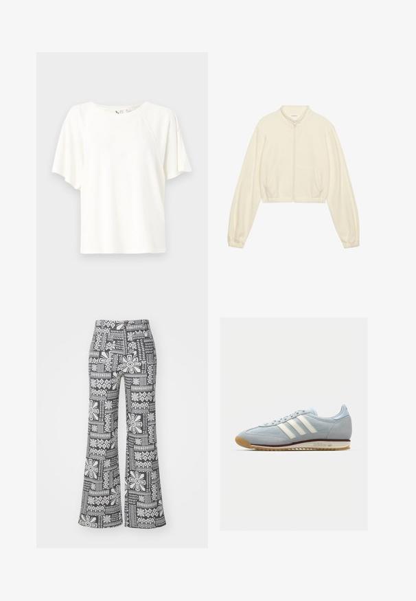 Lyhyt vetoketjullinen takki vaaleassa värissä, valmistettu pehmeästä kankaasta. Ominaisuuksiin kuuluvat pitkät hihat, kaksi etutaskua ja joustavat hihansuut tiiviin istuvuuden saavuttamiseksi.; Valkoinen lyhythihainen t-paita, joka on valmistettu pehmeästä kankaasta. Paita on rento malli, jossa on pyöreä pääntie ja hillitty logoyksityiskohta rinnassa.; Mustat ja valkoiset levenevät housut, joissa on geometrinen kukkakuosi. Valmistettu kevyestä kankaasta, jolla on sileä pinta.; Vaaleansininen mokkanahkakengät, joissa on valkoiset kolme raitaa, kumipohja ja teksturoitu verkko. Ominaisuuksiin kuuluu sileä varvaskuppi ja brändäys kannassa.