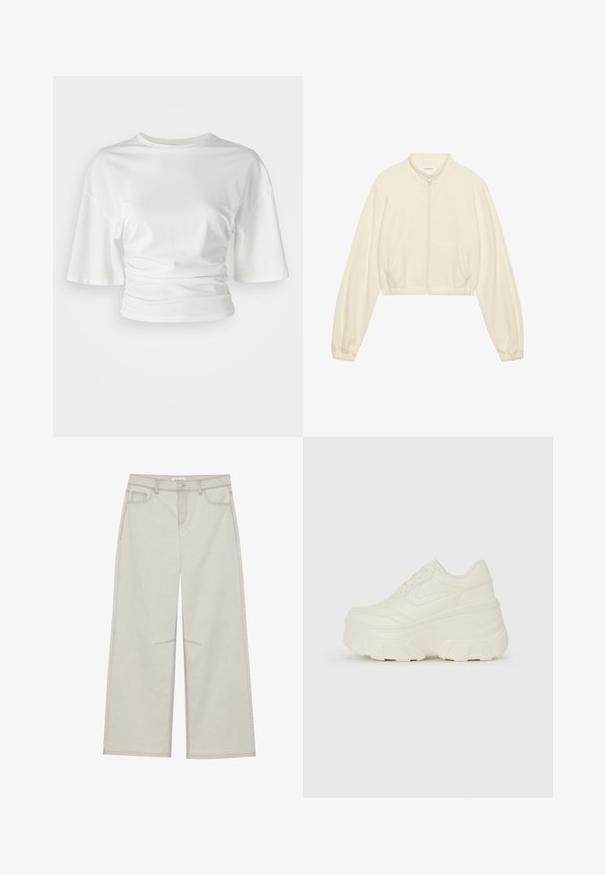 Jaqueta zipada cortada em creme, feita de tecido suave. Apresenta mangas长as, dois bolsos frontais e punhos elásticos para um ajuste perfeito.; Camisa branca de manga curta com decote redondo e laterais franzidas, feita de um tecido macio com uma textura suave e um corte ligeiramente solto.; Calças largas de um cinza claro com cinco bolsos, fecho frontal com botão e costuras em contraste ao longo das emendas. O tecido parece suave e durável.; Tênis brancos de plataforma com um cabedal suave semelhante a couro, formato arredondado, colarinho acolchoado e sola de borracha texturizada com ranhuras bem definidas.