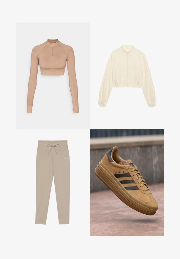 Krátka bunda z krémového fleece materiálu s vysokým golierom. Má predné zapínanie na zips a dve bočné vrecká. Dlhé, nariasené rukávy.; Dlhý rukáv crop top v svetlej béžovej farbe, s textúrovaným diamantovým vzorom, štvrťovým zipsom a priliehavými rukávmi s rebrovanými manžetami.; Beige športové nohavice s elastickým pásom, úzky strih a ploché švy. Vyrobené z ľahkej, hladkej látky. Bez vreciek.; Svetlé semišové tenisky s hladkým povrchom, obsahujúce tri tmavé pruhy, zaoblenú špičku a hrubšiu podrážku so vzorovaným okrajom.