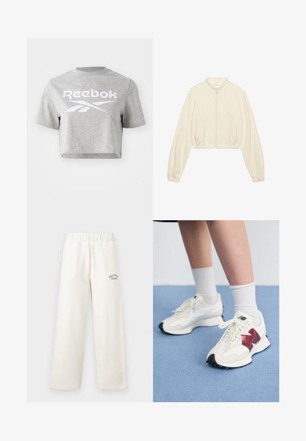 Chaqueta corta con cremallera en color crema, hecha de una tela suave. Presenta mangas largas, dos bolsillos frontales y puños elásticos para un ajuste ceñido.; Camiseta gris recortada de algodón, con cuello redondo y mangas cortas, con texto y logo "Reebok" en blanco impresos en el frente.; Pantalones anchos de color crema, hechos de material suave y con una cinturilla elástica. Presentan un sutil texto bordado en verde en la parte frontal.; Un par de zapatillas blancas con acentos en color burdeos, paneles texturizados, suela negra plana y cordones claros, llevadas con calcetines blancos hasta el tobillo.