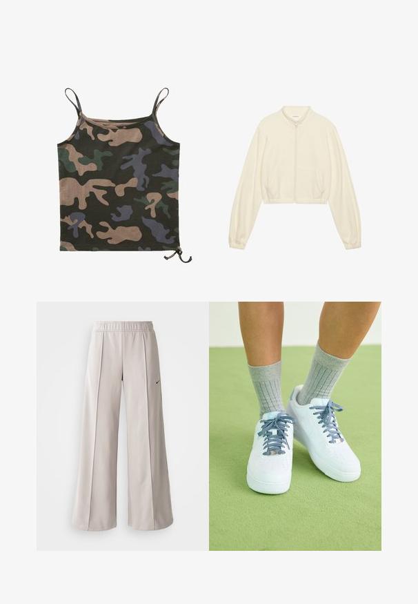 Rövidített, cipzáras dzseki krém színben, puha anyagból készült. Hosszú ujjakkal, két elülső zsebbel és elasztikus mandzsettákkal rendelkezik a karcsú megjelenés érdekében.; Brandit Felső - darkcamo; Világosszürke, bő szabású nadrág sima anyagból. Gumírozott derékrésszel és fekete Nike logóval a bal oldalon.; Fehér bőr sportcipő kék akcentusokkal, perforált orrdesignnal és texturált kék-fehér cipőfűzőkkel, szürke bordás zoknikkal viselve.