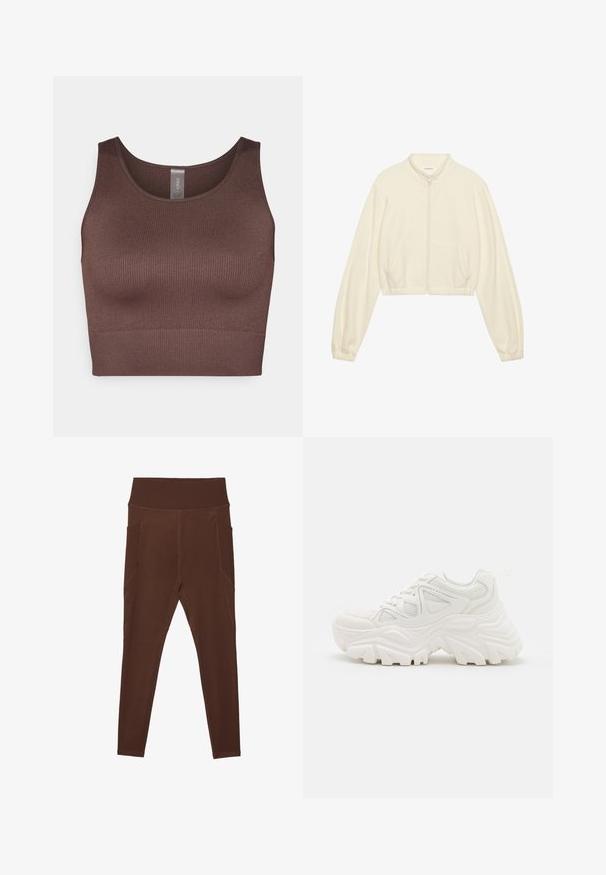 Lühendatud tõmbluku jakk kreemjas toonis, valmistatud pehmest kangast. Omab pikki varrukaid, kahte küljetaskut ja elastseid mansette, mis tagavad sobiva ilme.; Pruun ribi mustriga lühike topp, millel on ümar kaelus ja laiad rihmad. Valmistatud venivast kangast, millel on saumatuks konstruktsioon ja sile tekstuur.; Pruunid legginsid venivast materjalist, ribaga kõrge vöökoht ja küljetaskud. Omavad lamedat õmblust, et suurendada vastupidavust.; Valged jämedad sneakers, millel on tekstureeritud ülemine osa, võrgusilma paneelid ja paksud kummist tallad, millel on silmapaistev mustrimuster. Paelad ja tõmbeosa on kaasa arvatud.