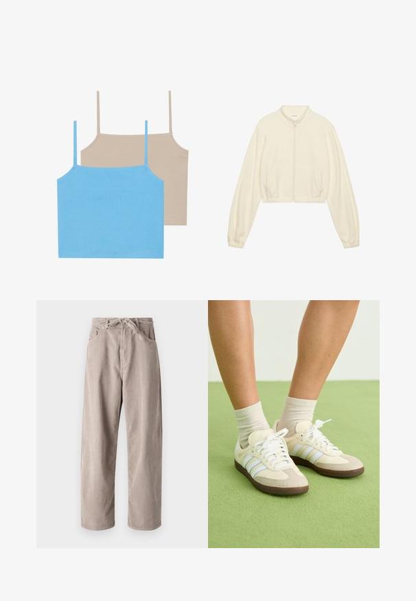 Krátka zipsová bunda v krémovej farbe, vyrobená z mäkkej látky. Má dlhé rukávy, dve predné vrecká a elastické manžety pre priliehavý vzhľad.; Even&Odd 2 PACK - Top - azure blue/simply taupe; Béžové kordové nohavice s voľným strihom, s elastickým pásom na šnúrku, dvoma prednými vreckami a vertikálnym ryhovaným vzorom.; Samba tenisky s krémovo-bežovou farebnou schémou, s tromi svetlomodrými pruhmi, bielymi šnúrkami a hnedými gumovými podrážkami.