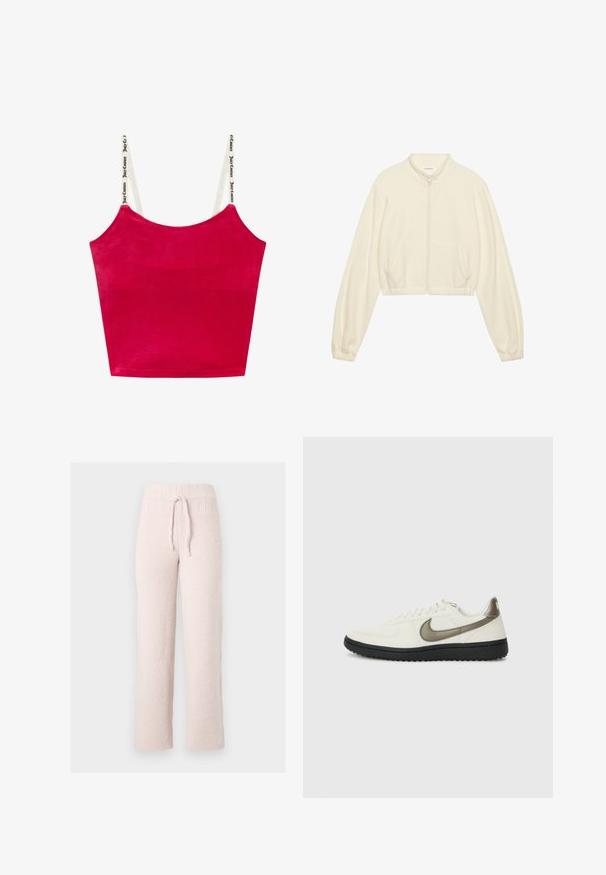 Geknipte ritsjack in crème, gemaakt van zachte stof. Beschikt over lange mouwen, twee voorzakken en elastische cuffs voor een strakke pasvorm.; Rode rib gebreide crop top met brede schouderbanden en witte branding. Glad textiel, vierkante halslijn en geen zichtbare sluitingen.; Lichtroze fleece pyjamabroek met een gestructureerd oppervlak, elastische tailleband en verstelbaar trekkoord. Rechte pijpen, zacht materiaal.; Nike Sportswear FIELD GENERAL - Sneakers laag - off-white/black