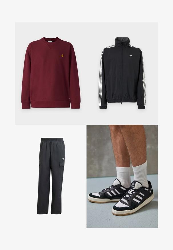 Sort vindjakke med høj krave, hvidt tre-stripes design på ærmerne, elastiske cuffs og kant, med et lille logo på brystet.; Carhartt WIP AMERICAN SCRIPT - Sweatshirt - malbec; Sorte cargo-bukser med elastisk talje, to sidelommer og et diskret logo på venstre lår. Fremstillet af et let materiale.; Sorte og hvide sneakers med en overdel i ruskind og læder, der har tre hvide striber, en perforeret tå og en sål i gummigummi.