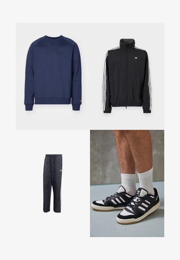 Čierna vetrovka s vysokým golierom, biely dizajn troch pruhov na rukávoch, elastické manžety a lem, s malým logom na hrudi.; Námornícky modrý svetre vyrobený z mäkkej látky, s okrúhlym výstrihom, rebrovanými manžetami a lemem, a s malým logom na rukáve.; Čierne športové nohavice s leopardím vzorom, s bielym trojpruhovým dizajnom a logom športovej značky na boku.; Čierno-biele tenisky s vrchom z semišu a kože, s troma bielymi pruhmi, perforovanou špičkou a gumovou podrážkou.