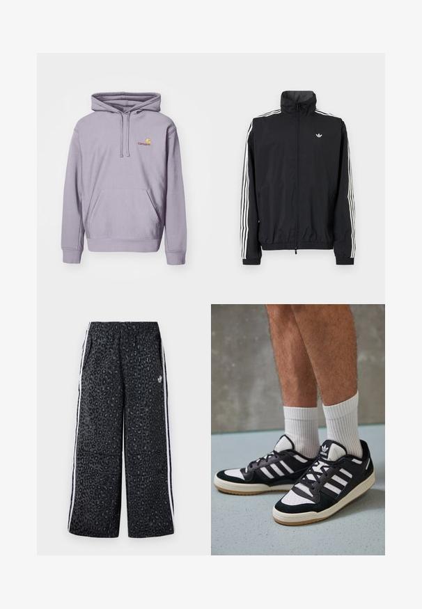 Sort vindjakke med høj krave, hvidt tre-stripes design på ærmerne, elastiske cuffs og kant, med et lille logo på brystet.; Lilla hoodie lavet af en bomuldsblanding, med en central kængurulomme, snøre i huen og broderet logo på brystet.; adidas Originals GRAPHIC UNISEX - Træningsbukser - black; Sorte og hvide sneakers med en overdel i ruskind og læder, der har tre hvide striber, en perforeret tå og en sål i gummigummi.