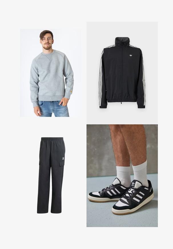 Giacca a vento nera con colletto alto, design con tre strisce bianche sulle maniche, polsini e orlo elastici, con un piccolo logo sul petto.; Carhartt WIP CHASE - Felpa - ash heather; Pantaloni cargo neri con un elastico in vita, due tasche laterali e un logo discreto sulla coscia sinistra. Realizzati in un tessuto leggero.; Sneaker bianco e nero con tomaia in suede e pelle, caratterizzati da tre strisce bianche, punta perforata e suola in gomma naturale.