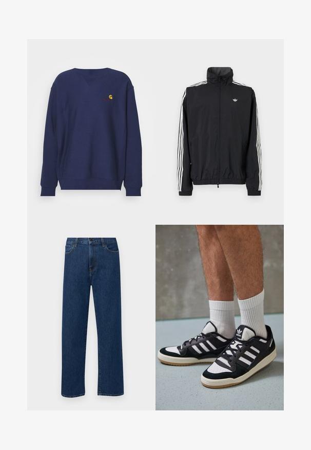 Crna windbreaker jakna s visokim ovratnikom, bijeli dizajn s tri pruge na rukavima, elastične manžete i rub, s malim logotipom na prsima.; Carhartt WIP AMERICAN SCRIPT - Sportska majica - air force blue; Tamno plave traperice ravnog kroja s prednjim džepovima i kopčanjem na dugme, prikazane na jednostavnoj bijeloj pozadini.; Crne i bijele tenisice s gornjim dijelom od antilopa i kože, s tri bijele pruge, perforiranim prstom i gumiranim potplatom.