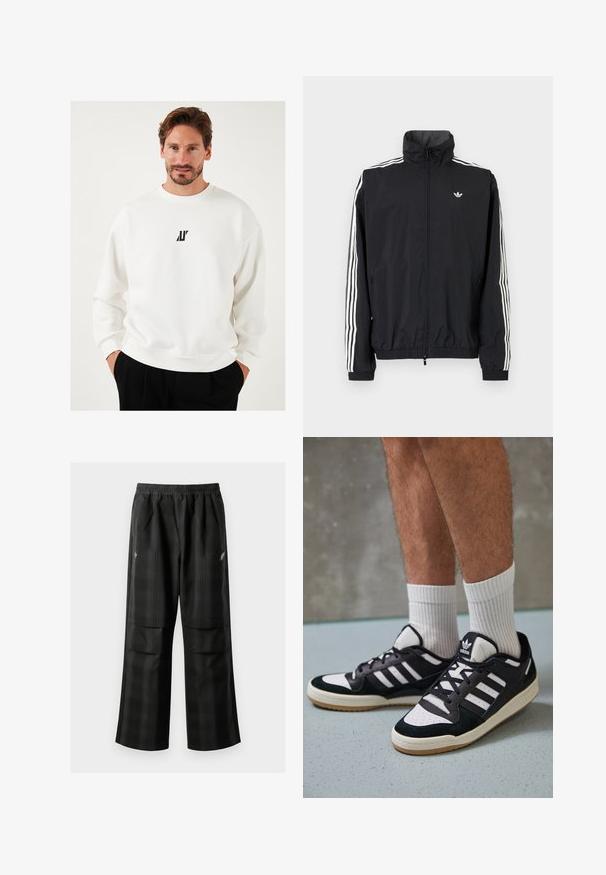 Jachetă neagră din material impermeabil cu guler înalt, design cu trei dungi albe pe mâneci, manșete și tiv elastic, având un mic logo pe piept.; Hanorac alb cu un mic logo negru pe piept, cu guler rotund și o croială lejeră, realizat dintr-un material moale.; Pantaloni cu un model carourile negre, având talie elastică, două buzunare frontale și un croi lejer cu picioare drepte. Construiți dintr-un material ușor.; Adidași negri și albi cu un superior din suede și piele, prevăzuți cu trei dungi albe, un vârf perforat și o talpă din cauciuc caramel.