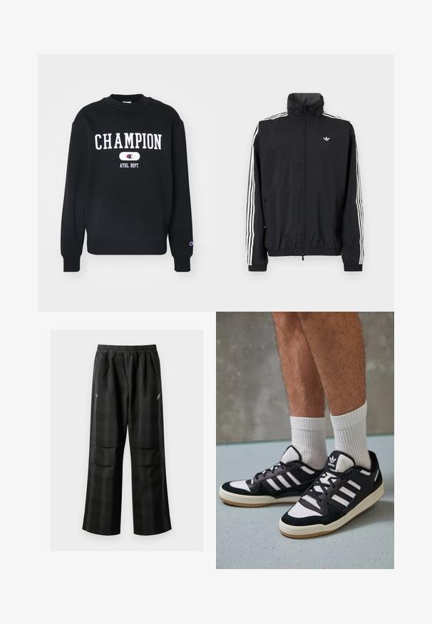 Čierna vetrovka s vysokým golierom, biely dizajn troch pruhov na rukávoch, elastické manžety a lem, s malým logom na hrudi.; Čierna mikina so slovom "CHAMPION" v bielej farbe, pod ním "ATHL. DEPT." Hladký rebrovaný golier a manžety, jemná textúra látky.; Čierne kockované nohavice s elastickým pásom, dvoma prednými vreckami a voľným strihom so rovnými nohavicami. Vyrobené z ľahkého materiálu.; Čierno-biele tenisky s vrchom z semišu a kože, s troma bielymi pruhmi, perforovanou špičkou a gumovou podrážkou.