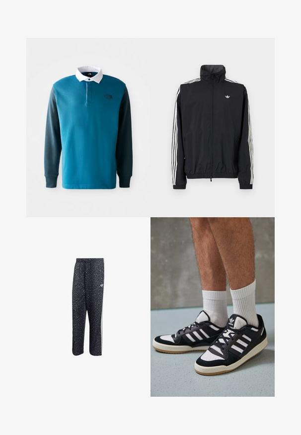 Črn vetrovka z visokim ovratnikom, belim trojnamenskim dizajnom na rokavih, elastičnimi manšeti in robom, s majhnim logotipom na prsih.; Polo majica s dolgimi rokavi v teal in temno zeleni barvi, z belim ovratnikom, gumbom in črnim logotipom na prsih. Material iz bombažne mešanice.; Črne športne hlače z vzorcem leoparda, ki imajo bele tri črte in logo športne blagovne znamke na strani.; Črno-bele superge z zgornjim delom iz usnja in nubuka, ki imajo tri bele črte, perforiran vrh prstov in podplat iz gume.