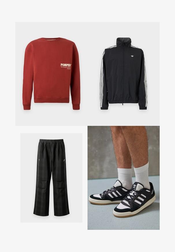 Must värvusega tuulejakk kõrge kraega, valge kolme triibu disainiga varrukatel, elastsed mansetid ja äär, väikese logoga rinnal.; Punane sviiter ümmarguse kaelusega, pikkade varrukatega ja soonikkoes randmetega. Ees on valge tekst: "POMPEII" ja "Me Champion Walking (Madrid)".; Mustas ruudulised püksid, millel on elastne vöökoht, kaks esimest taskut ja laiem lõige sirge jala disainiga. Valmistatud kergest materjalist.; Mustvalged ja valged spordijalatsid, mille pealmine osa on valmistatud suede'ist ja nahast. Kingadel on kolm valget riba, auguline varvas ja kummist tald.