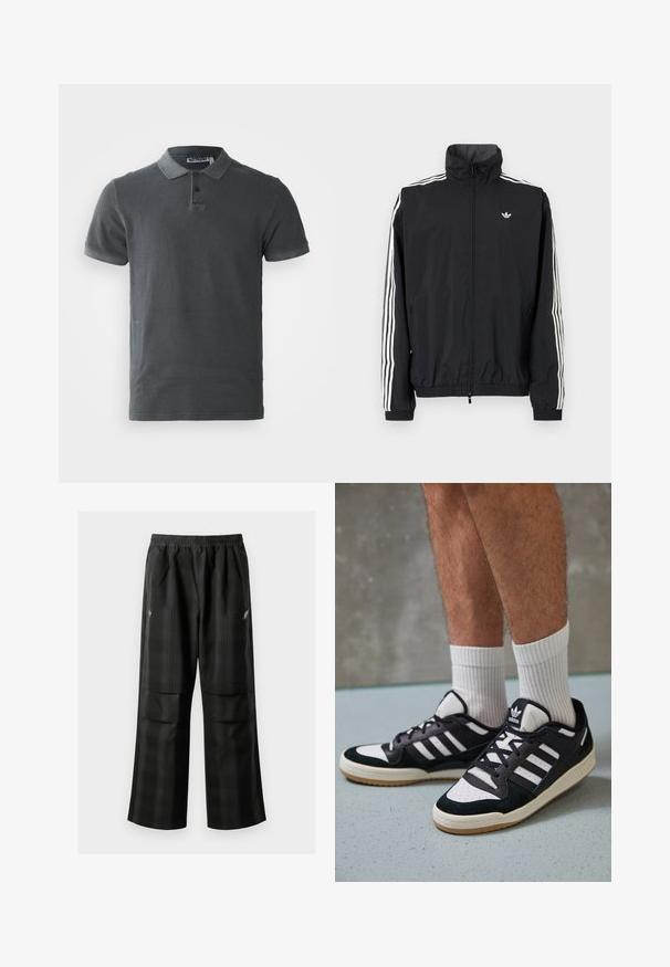 Černá windbreaker bunda s vysokým límcem, bílým designem tří pruhů na rukávech, elastickými manžetami a lemováním, s malým logem na hrudi.; Tmavě šedá polo košile vyrobená z bavlny, s límečkem na dva knoflíky, krátkými rukávy a mírně texturovanou tkaninou. Jednoduchý design, bez vzorů.; Černé kostkované kalhoty s elastickým pasem, dvěma předními kapsami a volným střihem se rovnými nohavicemi. Vyrobeny z lehkého materiálu.; Černobílé tenisky s vrchní částí z semišové a kožené kůže, včetně tří bílých pruhů, perforovaného špičky a podrážky z gumy.