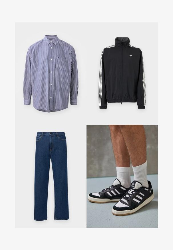 Črn vetrovka z visokim ovratnikom, belim trojnamenskim dizajnom na rokavih, elastičnimi manšeti in robom, s majhnim logotipom na prsih.; Pasma srajca s kratkimi rokavi v mornarsko modri in beli barvi. Ima ovratnik, dolge rokave, žep na prsih in ukrivljen rob. Klasičen kroj s teksturirano tkanino.; Temno modri jeans ravne krojenje z naprsnimi žepi in gumbom za zapiranje, prikazani na enostavni beli podlagi.; Črno-bele superge z zgornjim delom iz usnja in nubuka, ki imajo tri bele črte, perforiran vrh prstov in podplat iz gume.