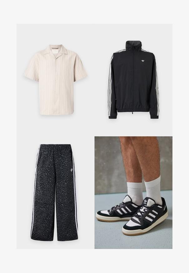 Juodas vėjaraudžių švarkas su aukštu apykakle, baltu trimis juostelėmis ant rankovių, elastingais rankogaliais ir apatine dalimi, su maža logotipo etikete ant krūtinės.; Šviesiai smėlinis trumpomis rankovėmis mygtukinis marškinys su vertikaliomis baltomis juostelėmis. Turi klasikinį apykaklę ir laisvą siluetą, pagamintas iš minkštos medžiagos.; adidas Originals GRAPHIC UNISEX - Treningo apatinė dalis - black; Juodos ir baltos sportinės bateliai su zomšiniu ir odiniu viršumi, su trimis baltomis juostelėmis, perforuota koja ir guminėmis padais.