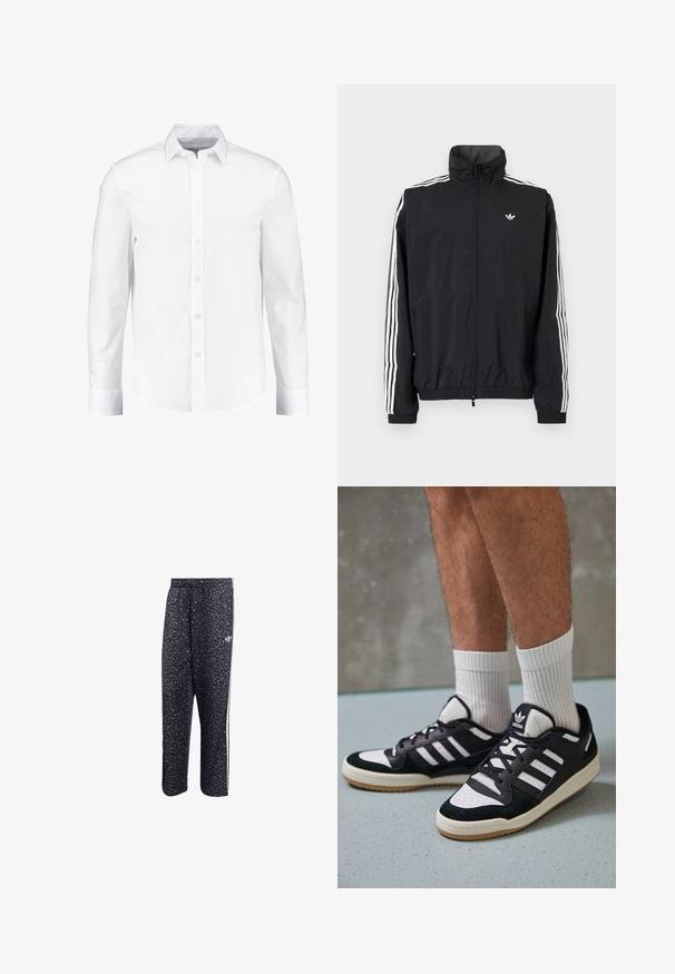 Crna windbreaker jakna s visokim ovratnikom, bijeli dizajn s tri pruge na rukavima, elastične manžete i rub, s malim logotipom na prsima.; Bijela košulja dugih rukava s dugim rukavima izrađena od glatkog pamuka. Ima klasični ovratnik i zatvaranje na gumbe s ravnim rubom.; Crne sportske hlače s uzorkom leopard tiska, s bijelim dizajnom u tri pruga i logotipom sportske marke sa strane.; Crne i bijele tenisice s gornjim dijelom od antilopa i kože, s tri bijele pruge, perforiranim prstom i gumiranim potplatom.