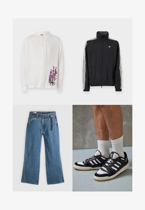 Juodas vėjaraudžių švarkas su aukštu apykakle, baltu trimis juostelėmis ant rankovių, elastingais rankogaliais ir apatine dalimi, su maža logotipo etikete ant krūtinės.; Balta lininė marška su ilgomis rankovėmis, sagų uždarymu ir ryškiai rožine gėlių siuvinėjimu apatiniame dešiniajame šone. Minkšta tekstūra.; Mėlyni džinsiniai plačių kojų džinsai su prijungtu diržu, priekinėmis kišenėmis ir matomomis siūlėmis ant vientiso šviesaus fono.; Juodos ir baltos sportinės bateliai su zomšiniu ir odiniu viršumi, su trimis baltomis juostelėmis, perforuota koja ir guminėmis padais.