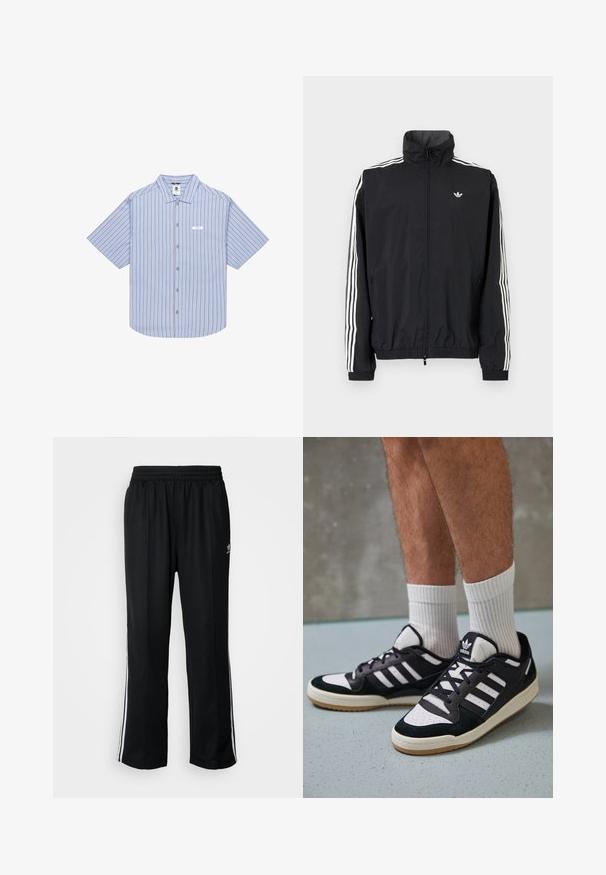Čierna vetrovka s vysokým golierom, biely dizajn troch pruhov na rukávoch, elastické manžety a lem, s malým logom na hrudi.; Košeľa s krátkym rukávom na gombíky v svetlomodrej farbe s červenými vertikálnymi pruhmi, so štruktúrovaným golierom a malou nášivkou na ľavej hrudi.; Čierne športové nohavice s elastickým pásom, s bielymi bočnými prúžkami a malým logom. Materiál vyzerá byť mäkký a ľahký.; Čierno-biele tenisky s vrchom z semišu a kože, s troma bielymi pruhmi, perforovanou špičkou a gumovou podrážkou.