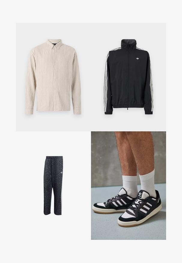 Melna vēja pārvalka jaka ar augstu apkakli, baltu trīs svītru dizainu uz piedurknēm, elastīgu aproču un apakšmalu, ar mazu logo uz krūtīm.; Krekls ar pogām krēmkrāsā ar vertikālām svītrām. Izgatavots no teksturēta auduma, ar apkakli, garām piedurknēm un priekšējo pogu aizdari.; Melnas sporta bikses ar leopardu rakstu, ar baltu trīs svītru dizainu un sporta zīmola logo sānos.; Melnas un baltas kedas ar zamša un ādas augšdaļu, kas aprīkotas ar trim baltām svītrām, perforētu purngali un gumijas zolēm.