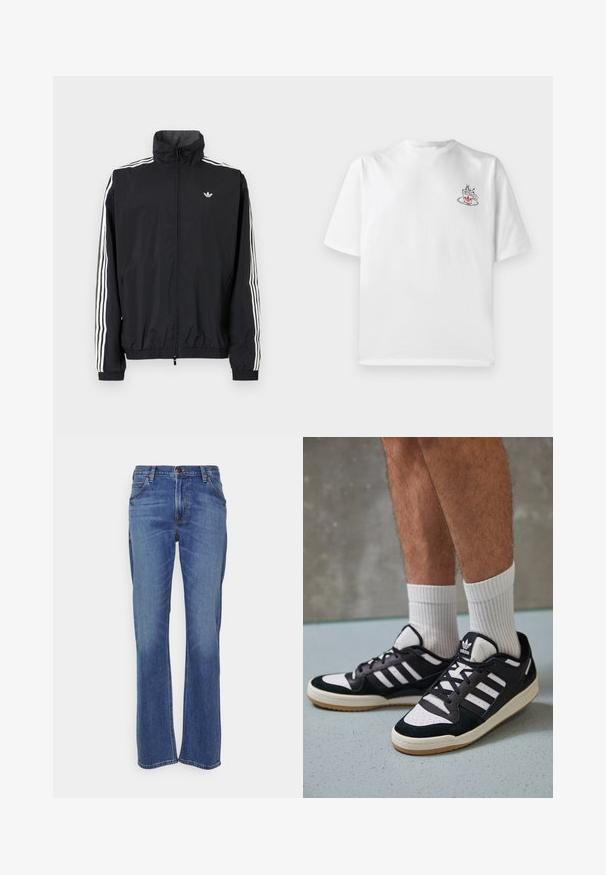 Crna windbreaker jakna s visokim ovratnikom, bijeli dizajn s tri pruge na rukavima, elastične manžete i rub, s malim logotipom na prsima.; Bijela pamučna majica s kratkim rukavima, na lijevoj strani grudi sadrži mali grafički prikaz šalice kave u ružičastoj i crnoj boji.; Plave traperice s ravnim nogavicama, koje imaju zatvaranje na gumb, klasičan stil s pet džepova i blago izblijedjele dijelove oko koljena.; Crne i bijele tenisice s gornjim dijelom od antilopa i kože, s tri bijele pruge, perforiranim prstom i gumiranim potplatom.