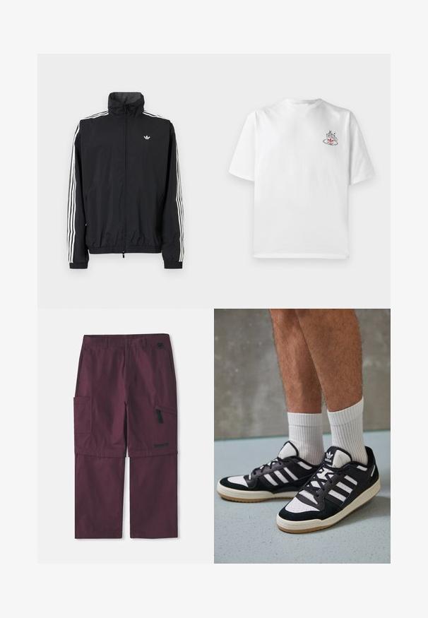Crna windbreaker jakna s visokim ovratnikom, bijeli dizajn s tri pruge na rukavima, elastične manžete i rub, s malim logotipom na prsima.; Bijela pamučna majica s kratkim rukavima, na lijevoj strani grudi sadrži mali grafički prikaz šalice kave u ružičastoj i crnoj boji.; Burgundijske konvertibilne cargo hlače sa bočnim džepom na munje i Timberland logotipom na desnoj nozi, prikazana produžena unutarnja šava.; Crne i bijele tenisice s gornjim dijelom od antilopa i kože, s tri bijele pruge, perforiranim prstom i gumiranim potplatom.