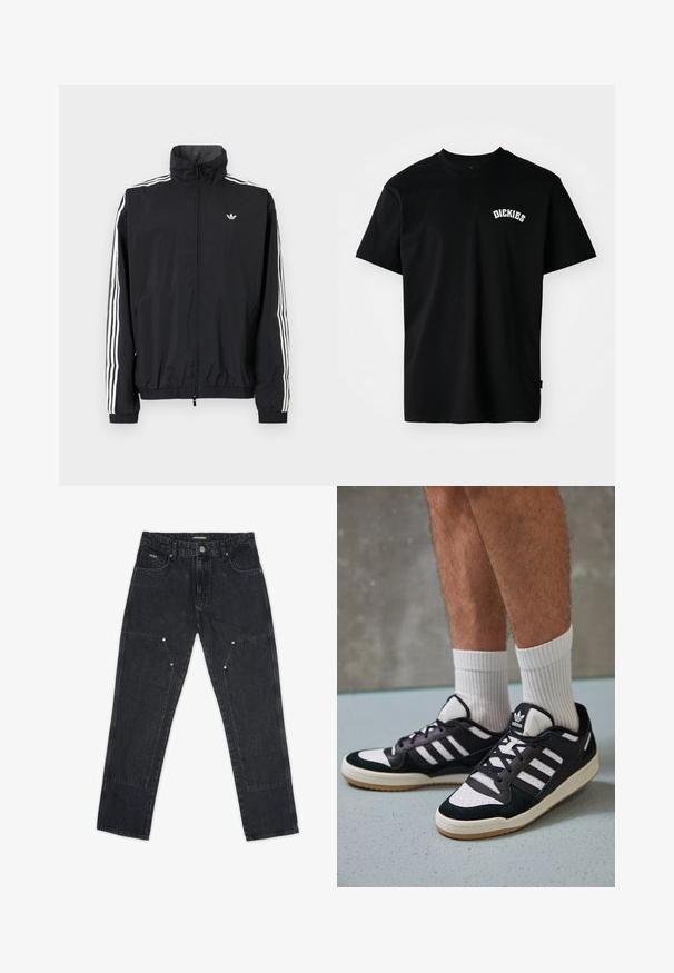 Juodas vėjaraudžių švarkas su aukštu apykakle, baltu trimis juostelėmis ant rankovių, elastingais rankogaliais ir apatine dalimi, su maža logotipo etikete ant krūtinės.; Juoda medvilninė marškinėliai su trumpomis rankovėmis ir apvalia iškirpte. Krūtinės srityje yra balta išlenkta logo "DICKIES". Paprastas dizainas, be raštų.; Pegador VINTO CARPENTER - Dailidės stiliaus džinsai - washed black; Juodos ir baltos sportinės bateliai su zomšiniu ir odiniu viršumi, su trimis baltomis juostelėmis, perforuota koja ir guminėmis padais.