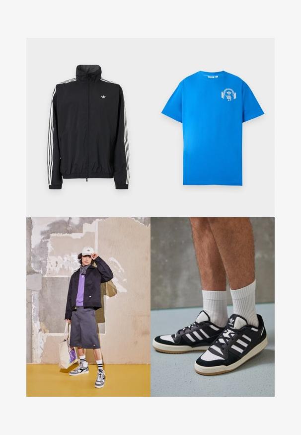 Črn vetrovka z visokim ovratnikom, belim trojnamenskim dizajnom na rokavih, elastičnimi manšeti in robom, s majhnim logotipom na prsih.; Modra bombažna majica s kratkimi rokavi. Ima bel grafični dizajn na sprednji strani, ki prikazuje lik s slušalkami in lokom.; Črna jakna, vijolična srajca, sivi šortyi in bele superge s sivimi poudarki. Dodatki vključujejo belo kapo in torbo z vzorcem.; Črno-bele superge z zgornjim delom iz usnja in nubuka, ki imajo tri bele črte, perforiran vrh prstov in podplat iz gume.