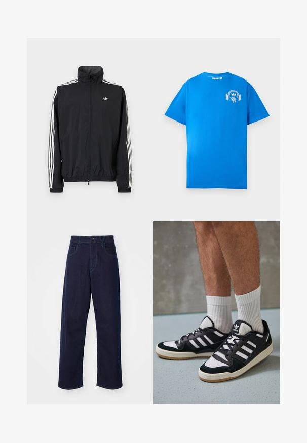 Juodas vėjaraudžių švarkas su aukštu apykakle, baltu trimis juostelėmis ant rankovių, elastingais rankogaliais ir apatine dalimi, su maža logotipo etikete ant krūtinės.; Mėlyna medvilninė marškinė su trumpomis rankovėmis. Priekyje yra balta grafikų dizaino detalė, vaizduojanti personažą su ausinėmis ir arka.; Tamsiai mėlynos džinsinės kelnės su tiesiu sijonu, su priekiniais mygtukais, diržo kilpomis ir kontrastine siuvimo detalėmis.; Juodos ir baltos sportinės bateliai su zomšiniu ir odiniu viršumi, su trimis baltomis juostelėmis, perforuota koja ir guminėmis padais.