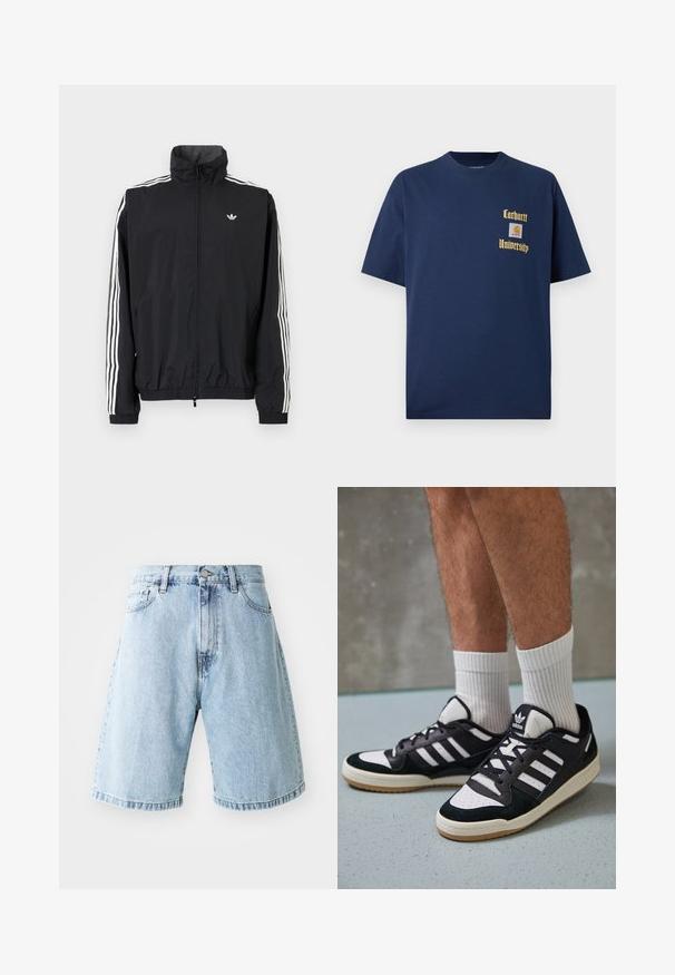 Melna vēja pārvalka jaka ar augstu apkakli, baltu trīs svītru dizainu uz piedurknēm, elastīgu aproču un apakšmalu, ar mazu logo uz krūtīm.; Tumši zila kokvilnas T-krekls ar īsām piedurknēm, ar zelta tekstu "Carhartt University" un logo uzšuvumu kreisajā krūtī.; Gai zili džinsi šorti ar brīvu piegriezumu, kas aprīkoti ar jostas joslu ar pogu, priekšējām kabatām un apakšmalas iegriezumiem. Klasiska džinsu tekstūra.; Melnas un baltas kedas ar zamša un ādas augšdaļu, kas aprīkotas ar trim baltām svītrām, perforētu purngali un gumijas zolēm.