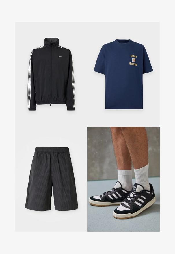 Juodas vėjaraudžių švarkas su aukštu apykakle, baltu trimis juostelėmis ant rankovių, elastingais rankogaliais ir apatine dalimi, su maža logotipo etikete ant krūtinės.; Tamsiai mėlyna medvilninė marškinėliai trumpomis rankovėmis, su auksiniu tekstu "Carhartt University" ir logotipo siuviniu kairėje krūtinės pusėje.; Juodos šortai su tekstūruotu, raštuotu dizainu, elastinga juosmens juosta ir dviem šoniniais kišenėmis. Kasdienis stilius, aukščiau kelių.; Juodos ir baltos sportinės bateliai su zomšiniu ir odiniu viršumi, su trimis baltomis juostelėmis, perforuota koja ir guminėmis padais.