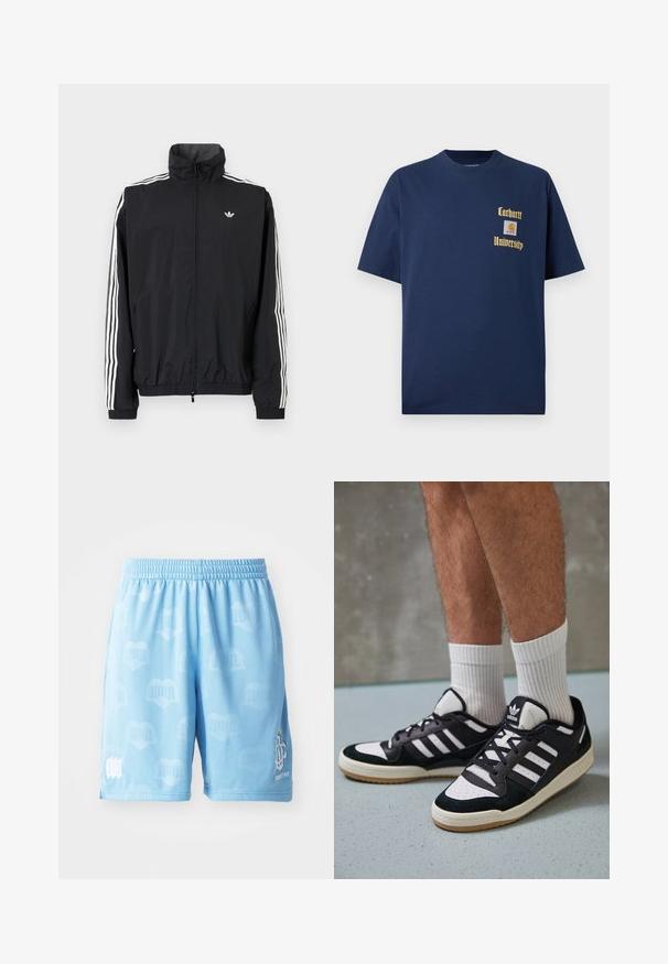Fekete szélálló dzseki magas gallérral, fehér háromcsíkkal a ujjakon, rugalmas mandzsettákkal és alsó résszel, kis logóval a mellkason.; Sötétkék pamut póló rövid ujjal, arany színű "Carhartt University" felirattal és logóval a bal mellen.; Világoskék sportnadrág sima anyagból, diszkrét mintázattal, rugalmas derékkal és nyomott logó részletekkel az egyik lábon.; Fekete-fehér tornacipők velúr és bőr felsőrésszel, három fehér csíkkal, perforált orral és gumi talppal.