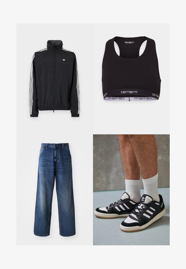 Melna vēja pārvalka jaka ar augstu apkakli, baltu trīs svītru dizainu uz piedurknēm, elastīgu aproču un apakšmalu, ar mazu logo uz krūtīm.; Melna sporta krūšturis ar apaļu kakla izgriezumu un sacensību aizmuguri. Iezīmēts ar pastiprinātu jostasvietu ar balto "carhartt" zīmolu. Mīksta auduma tekstūra.; Augsti jostas zilie džinsi ar plašu kāju dizainu, ar vieglu izbalēšanu, priekšējām kabatām un pogu aizdari jostasvietā.; Melnas un baltas kedas ar zamša un ādas augšdaļu, kas aprīkotas ar trim baltām svītrām, perforētu purngali un gumijas zolēm.