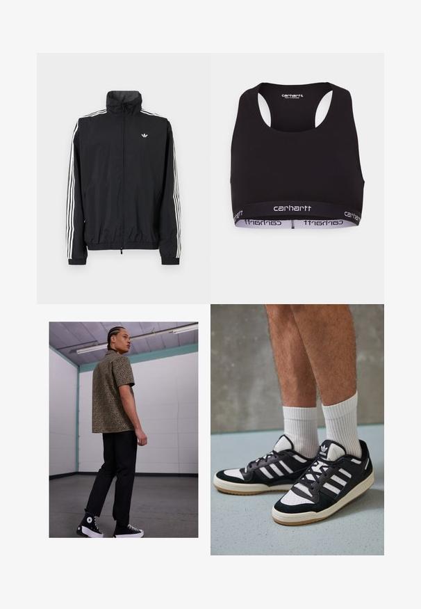 Melna vēja pārvalka jaka ar augstu apkakli, baltu trīs svītru dizainu uz piedurknēm, elastīgu aproču un apakšmalu, ar mazu logo uz krūtīm.; Melna sporta krūšturis ar apaļu kakla izgriezumu un sacensību aizmuguri. Iezīmēts ar pastiprinātu jostasvietu ar balto "carhartt" zīmolu. Mīksta auduma tekstūra.; Īsām piedurknēm leopardu rakstā t-krekls brūnā un melnā krāsā, apvienots ar melnām biksēm un melniem augstiem sporta apaviem ar baltām akcentu detaļām.; Melnas un baltas kedas ar zamša un ādas augšdaļu, kas aprīkotas ar trim baltām svītrām, perforētu purngali un gumijas zolēm.