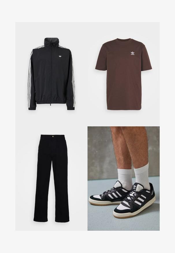Černá windbreaker bunda s vysokým límcem, bílým designem tří pruhů na rukávech, elastickými manžetami a lemováním, s malým logem na hrudi.; adidas Originals TREFOIL ESSENTIALS - Triko s potiskem - shadow brown; Černé vysoké rovné kalhoty vyrobené z denimu s hladkou texturou, s předním zapínáním na knoflík a designem s pěti kapsami.; Černobílé tenisky s vrchní částí z semišové a kožené kůže, včetně tří bílých pruhů, perforovaného špičky a podrážky z gumy.