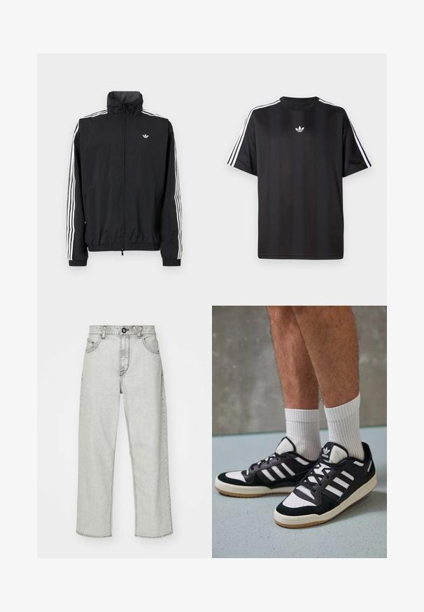 Juodas vėjaraudžių švarkas su aukštu apykakle, baltu trimis juostelėmis ant rankovių, elastingais rankogaliais ir apatine dalimi, su maža logotipo etikete ant krūtinės.; Juodas trumpomis rankovėmis marškinėliai su balta trimis juostelėmis ant pečių ir mažai balta logotipo krūtinėje. Lygus audinio tekstūra.; Šviesiai pilki aukšto liemens džinsai su laisvu pritaikymu, penkiais kišenėmis, priekiniais mygtukais uždaromu užsegimu ir subtiliu tekstūruotu raštu džinsinio audinio paviršiuje.; Juodos ir baltos sportinės bateliai su zomšiniu ir odiniu viršumi, su trimis baltomis juostelėmis, perforuota koja ir guminėmis padais.