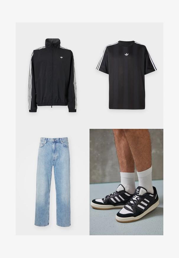 Čierna vetrovka s vysokým golierom, biely dizajn troch pruhov na rukávoch, elastické manžety a lem, s malým logom na hrudi.; Čierne tričko s krátkym rukávom a bielymi trojpruhmi na pleciach a malým bielym logom na hrudi. Hladká textúra látky.; Svetlo modré denimové džínsy s rovnými nohavicami, zdobené kontrastným prešívaním, piatimi vreckami a klasickým zapínaním na gombíky.; Čierno-biele tenisky s vrchom z semišu a kože, s troma bielymi pruhmi, perforovanou špičkou a gumovou podrážkou.