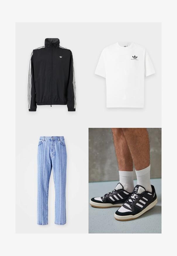 Crna windbreaker jakna s visokim ovratnikom, bijeli dizajn s tri pruge na rukavima, elastične manžete i rub, s malim logotipom na prsima.; Bijela pamučna majica s kratkim rukavima, s crnim logotipom "BASKETBALL" i ikoničnim dizajnom s tri pruge sprijeda.; Svijetloplave traperice s vertikalnim bijelim prugama, ravnog kroja, s pet džepova i kopčanjem na gumbu u struku.; Crne i bijele tenisice s gornjim dijelom od antilopa i kože, s tri bijele pruge, perforiranim prstom i gumiranim potplatom.