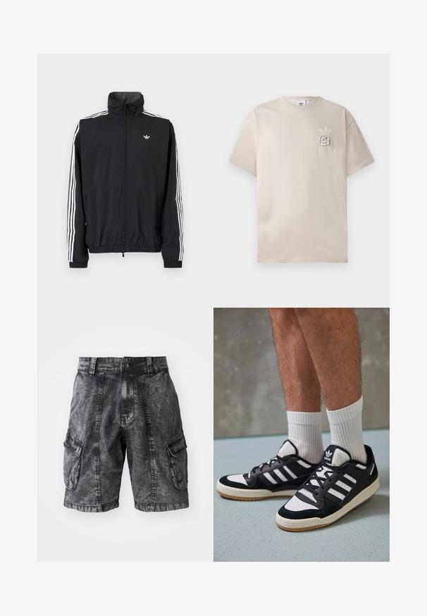 Melna vēja pārvalka jaka ar augstu apkakli, baltu trīs svītru dizainu uz piedurknēm, elastīgu aproču un apakšmalu, ar mazu logo uz krūtīm.; Bežs kokvilnas T-krekls ar apaļu kaklu, īsām piedurknēm un smalku grafisku logo uz kreisā krūšu puses. Mīksta tekstūra, vienkāršs dizains.; Melni denimi šorti ar cargo stilu, kuriem ir noberzta tekstūra, divas sānu kabatas un pogu aizdare. Ceļu garuma ar pastiprinātu šuvēm.; Melnas un baltas kedas ar zamša un ādas augšdaļu, kas aprīkotas ar trim baltām svītrām, perforētu purngali un gumijas zolēm.