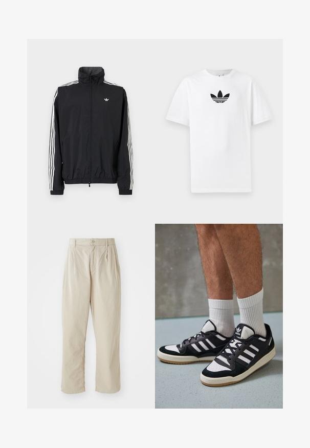 Černá windbreaker bunda s vysokým límcem, bílým designem tří pruhů na rukávech, elastickými manžetami a lemováním, s malým logem na hrudi.; Bílá bavlněná tričko s černým logem Adidas uprostřed. Krátký rukáv a design s kulatým výstřihem. Hladká textura.; Béžové, lehké kalhoty s volným střihem, s nařasenými sklady v přední části, knoflíkovým zapínáním a manžetami. Hladká textura, minimalistický design.; Černobílé tenisky s vrchní částí z semišové a kožené kůže, včetně tří bílých pruhů, perforovaného špičky a podrážky z gumy.