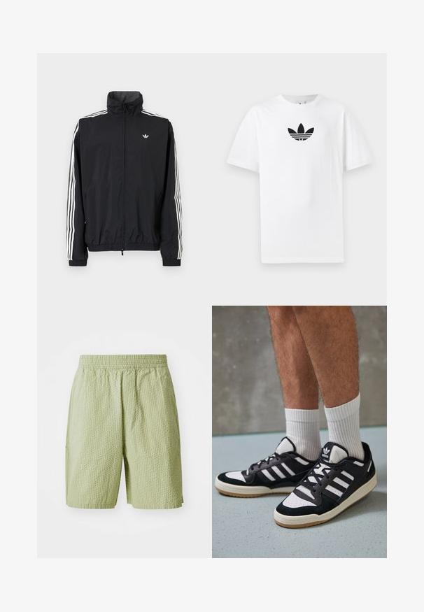 Črn vetrovka z visokim ovratnikom, belim trojnamenskim dizajnom na rokavih, elastičnimi manšeti in robom, s majhnim logotipom na prsih.; Bela bombažna majica s črnim logojem Adidas na sredini. Kratki rokavi in oblikovanje z okrog lim. Gladka tekstura.; Svetlo zelena kratka hlače iz teksturiranega materiala, z elastičnim pasom in stranskimi žepi. Oblika vključuje subtilen vaflasti vzorec.; Črno-bele superge z zgornjim delom iz usnja in nubuka, ki imajo tri bele črte, perforiran vrh prstov in podplat iz gume.